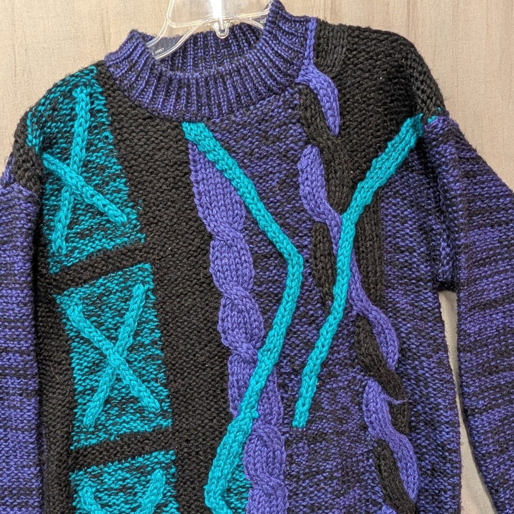 Vintage City Streets Mens Medium Purple Teal Cable Knit Crewneck Sweater 80s 90s